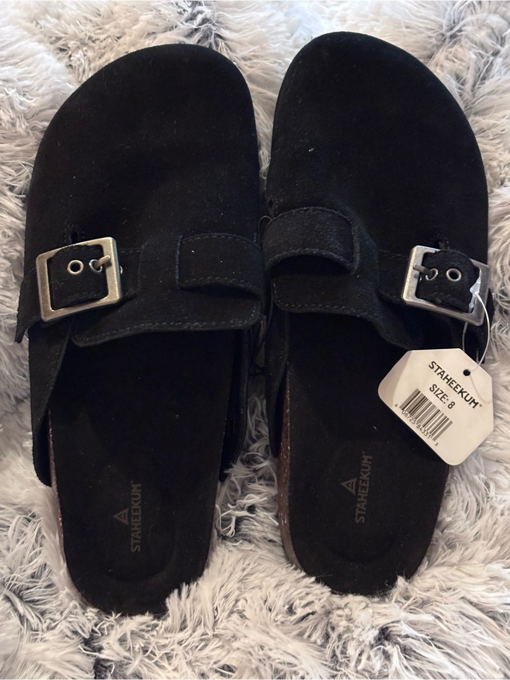 STAHEEKUM Black Suede Slip-On Buckle Clogs